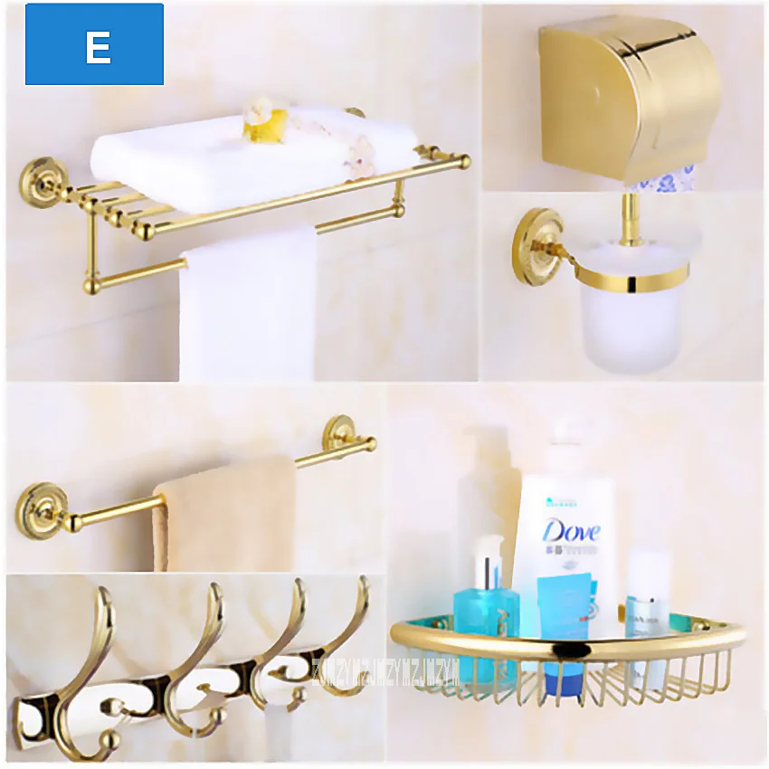 Luxury Golden Brass Bathroom Hardware Hanger Set Package QT01 Towel Bar Rack Holder Paper Shelf Hook Brush Bathroom Accessories