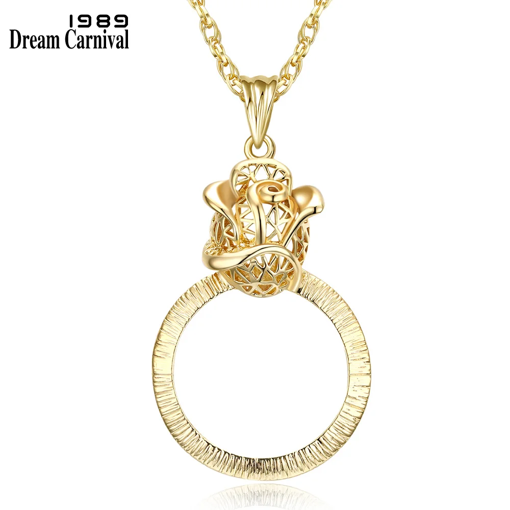 DreamCarnival 1989 Long Chain Necklace Women Collares Rose Flower Magnifying Glass Pendant Gift Parents Reading Best Sell P-009