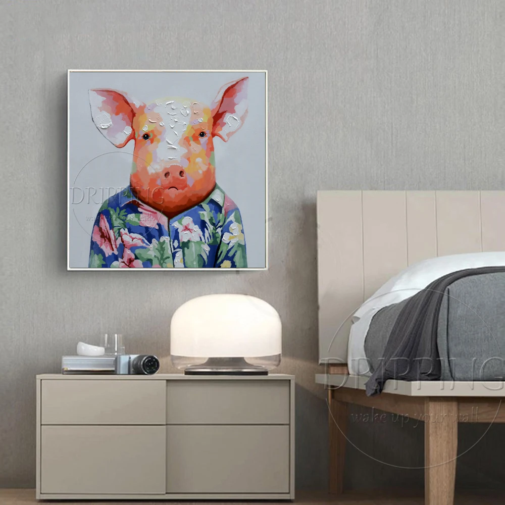 Funny Design Artist Hand-painted Fashion Piggy Wearing Flower Shirt Oil Painting on Canvas Funny Pig Oil Painting for Wall Decor