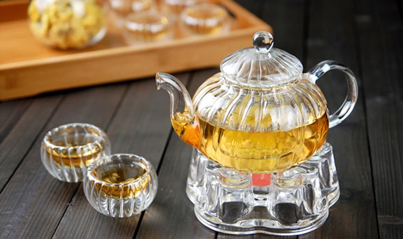 600ml Striped pumpkin shape flower teapot,Heat Resistant Glass Pot,Flower TeaCup Glass Teapot with Infuser Tea Leaf Herbal