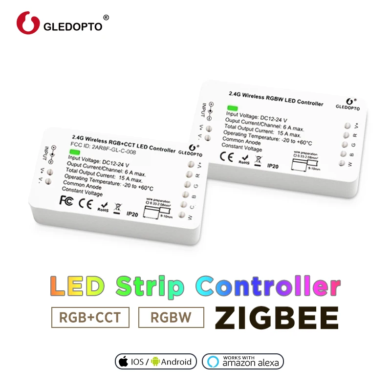 Home Smart Zigbee Controller Compatible with Echo Plus Smartthings Voice Controlled RGB+CCT Color DC12-24V Work with Zigbee Hub