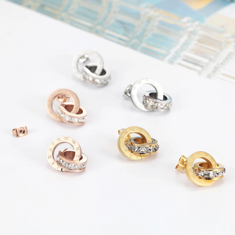 Top Quality Titanium Steel Double Loop Wound Elegant And Charming Roman Numerals Crystal Stud Earrings For Women Gift Jewelry