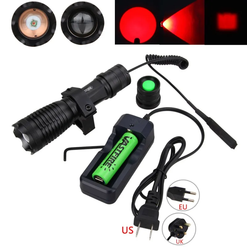 

Tactical Gun Flashlight 5000LM Green/White/Red LED Hunting Light+Scope Mount+Pressure Switch+18650+Charger+Box Gift