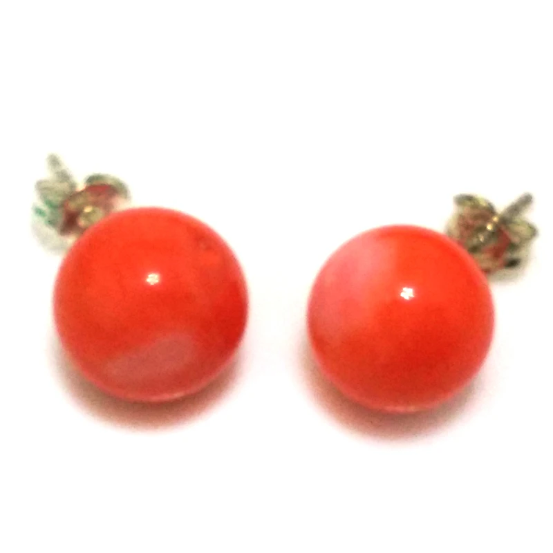 Pink Natural Round Coral Earring With 925 Sterling Silver Stud