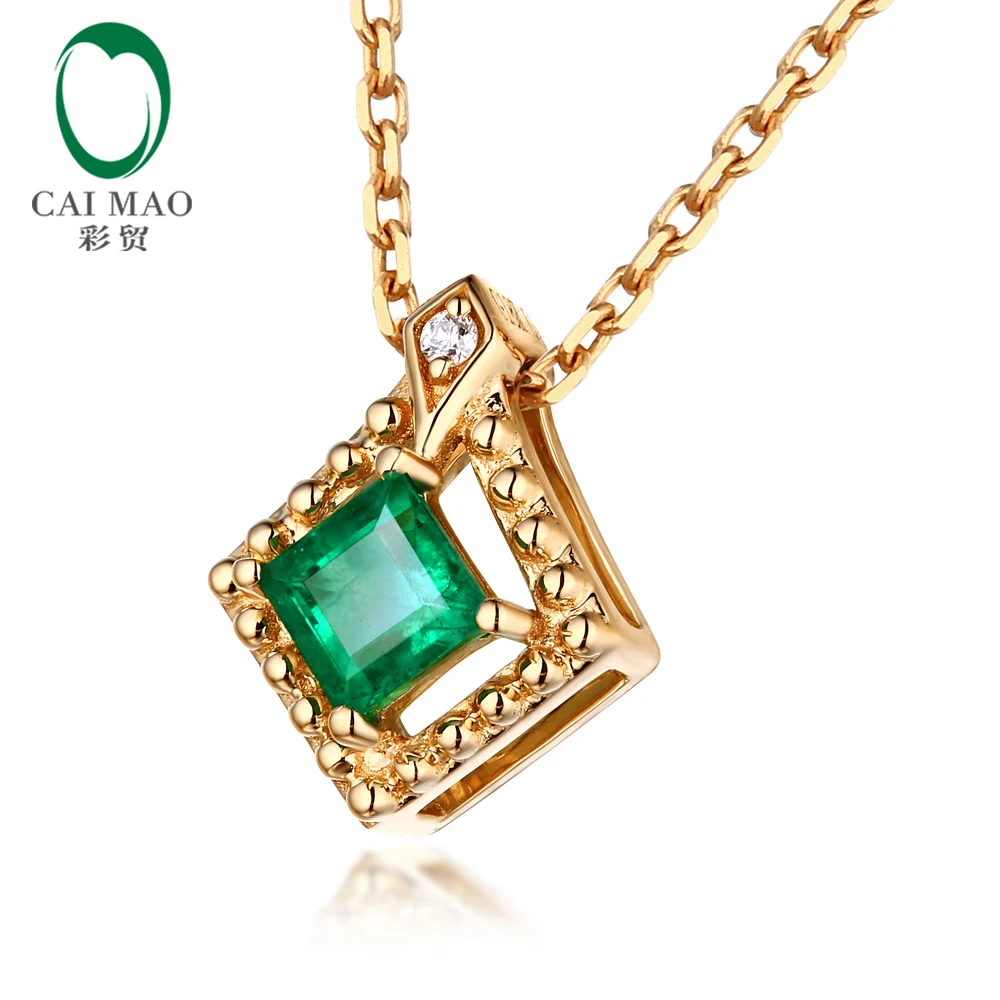 Caimao 0.35ct Green Emerald Retro Vintage Pendant 14k Yellow Gold Chain Exquisite