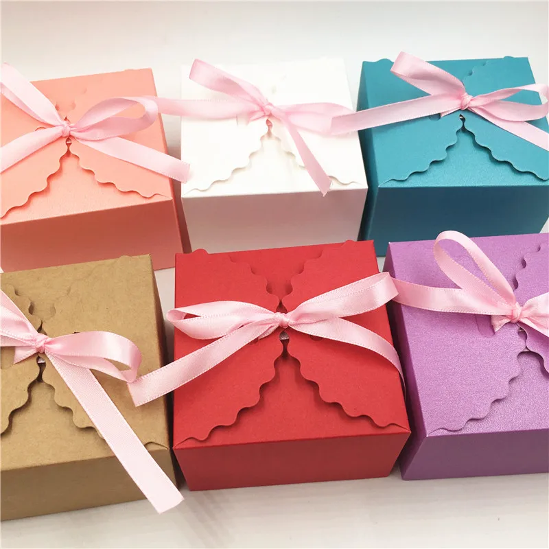 20pcs/24pcs/50pcs 6.5x6.5x4.5cm Gift/Sugar Box  + Pink Ribbon, Engagement&wedding Party Favor Jewelry Packing Suppies