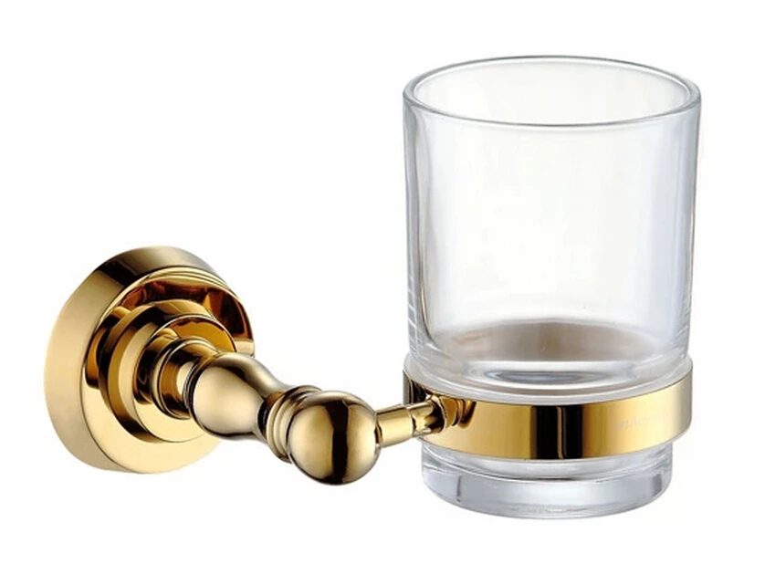 Shiny gold Single Tumbler Holder,Toothbrush Cup Holder , Brass Base With gold Finish+Glass Cup,Bathroom Accessories