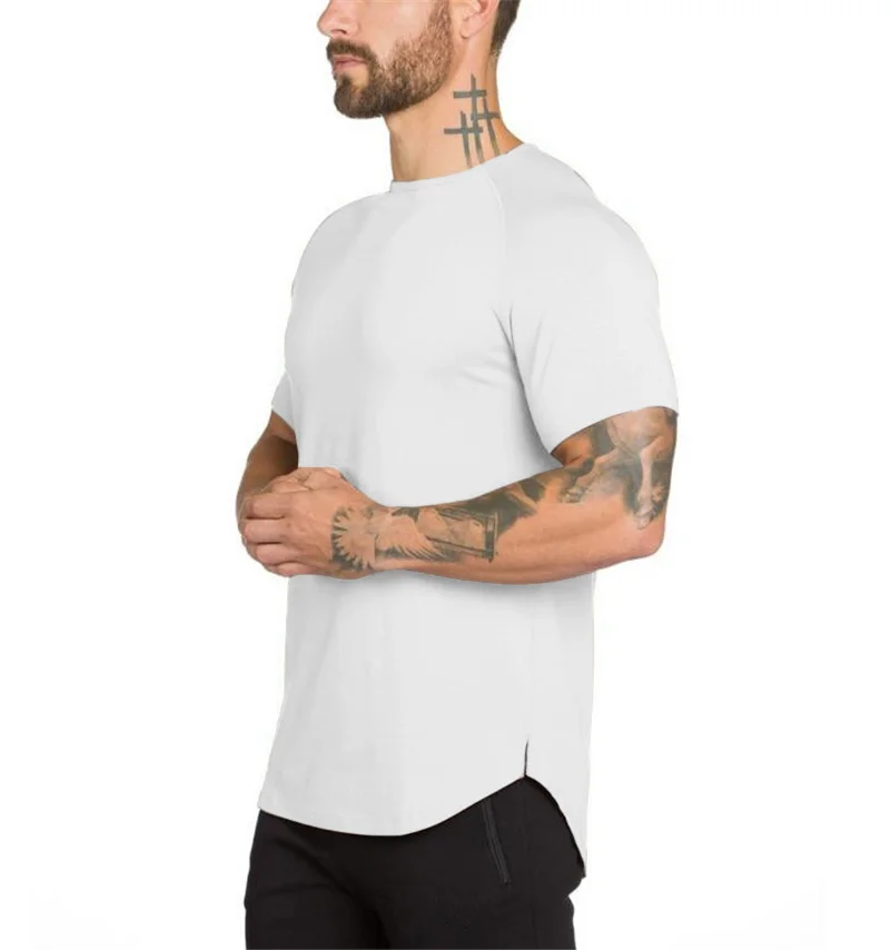 Brand Clothing Fashion T Shirt Men Extended Scallop Hem Short Sleeve T-Shirt Fitness tshirt Cotton slim fit Bodybuilding T shirt