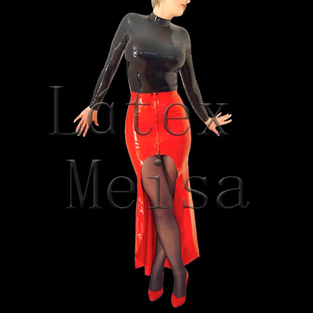 Women's trumpet design long latex skirt with front zip in red solid black color with 0.4mm thickness natural latex materials