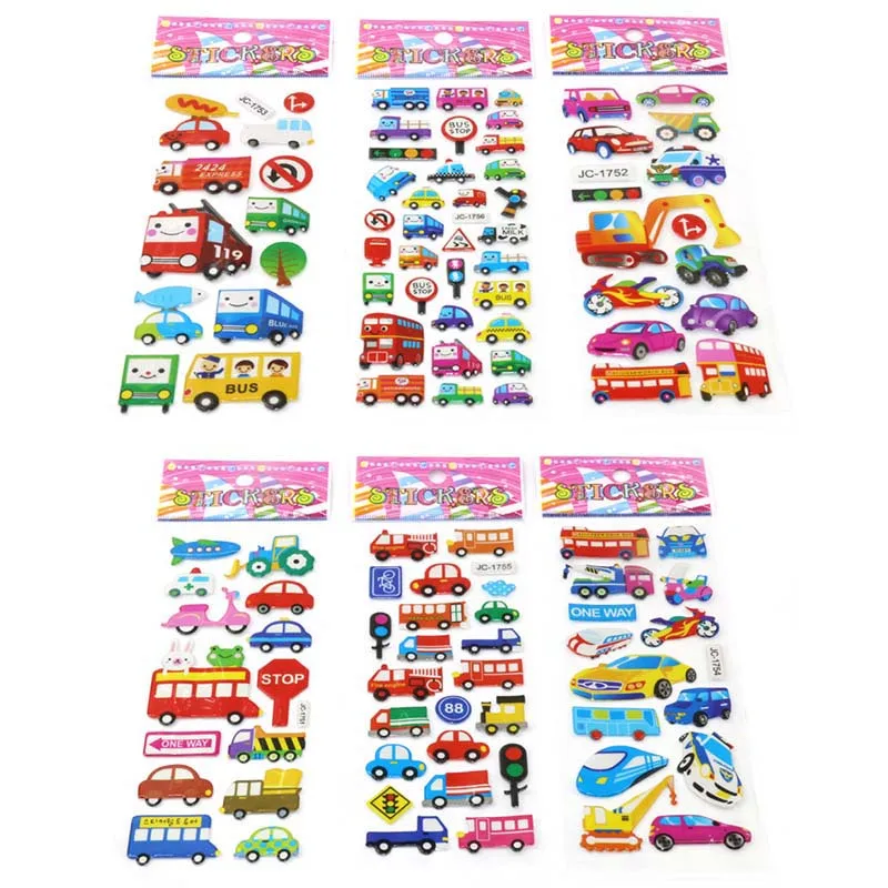 10 sheets Cartoon Bubble Stickers Transport Cars Children Kids Girls&Boys Cartoon Stickers Decoration Christmas Gift