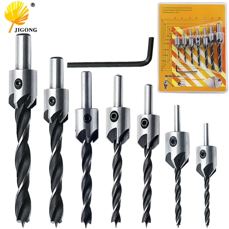 8Pcs Verzinkboor Boren Set Hss Hout Boren Ruimer Kit Voor Houtbewerking Afschuining Power Tools 3Mm 4Mm 5Mm 6Mm 7Mm 8Mm 10Mm