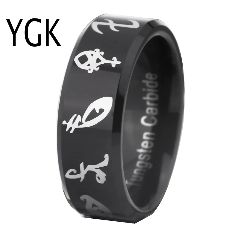 Free Shipping YGK JEWELRY Hot Sales 8MM Black Bevel Mortal Instruments Runes Men's Fashion Tungsten Wedding Ring