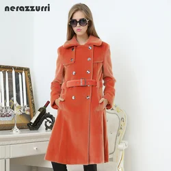 Nerazzurri Spring Long Trench Coat for Women Fashion Autumn Double Breasted Casual Slim British Style Orange Faux Fur Overcoat