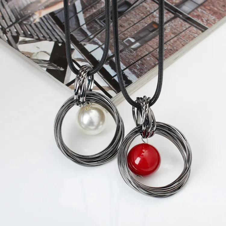 Red White Pearl Ball Pendant Long Necklaces New Circles Simulated Women Black Chain Maxi Necklace Fashion Jewelry Wholesale Gift