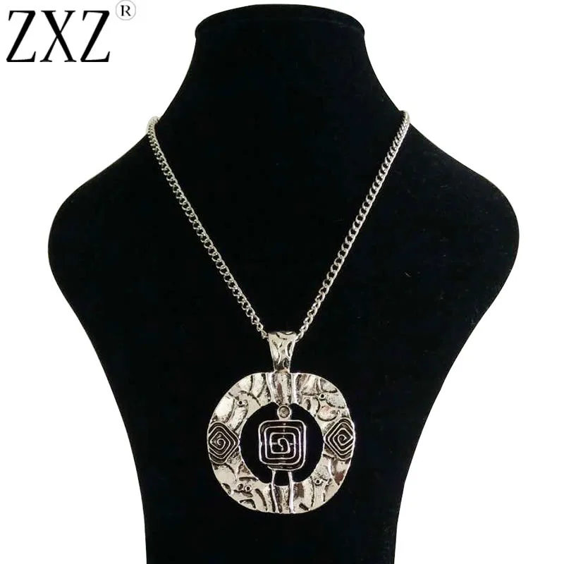 ZXZ Large Statement Abstract Metal Circle Spiral Pendant on Long Curb Chain Lagenlook Necklace 34\