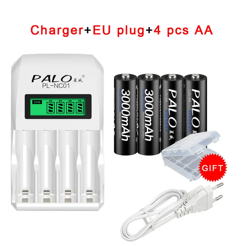 PALO 4Pcs AA Battery Rechargeable Batteries 1.2V AA 3000mAh Ni-MH Pre-charged Rechargeable Battery 2A Baterias