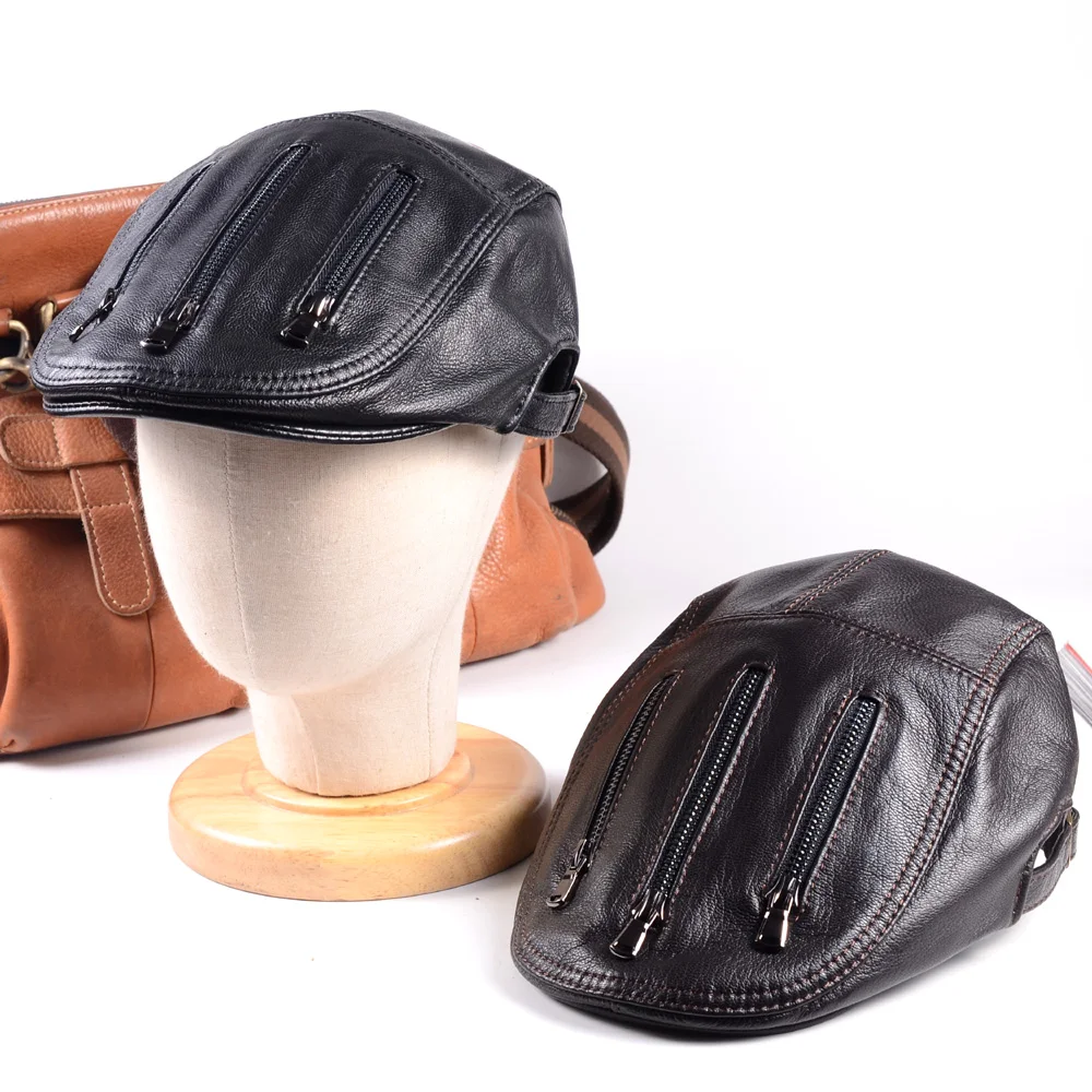 

New Men's Real Leather Peaked Cap Beret Newsboy jazz Caps/Hats Adjustable