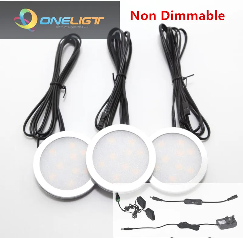 3PCS Dimmable LED Downlights for Kitchen Book Shelf Counter Wardrone LED Puck Lamps Spotlight with RF Remote Control+Adapter