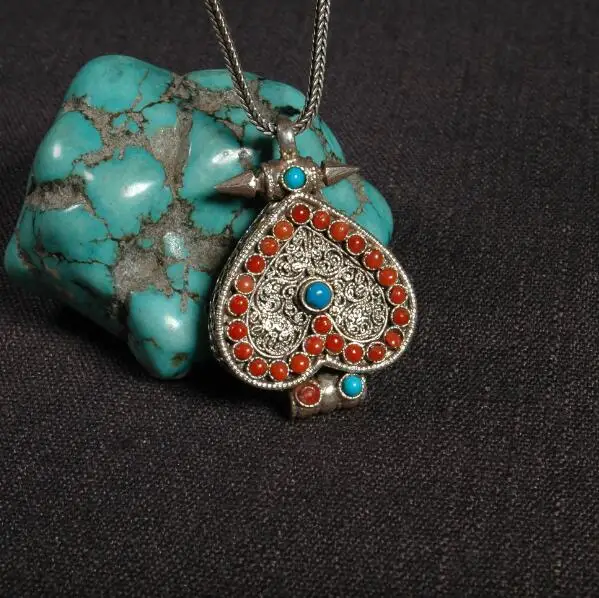 Handmade 925 Silver Turquoise Tibetan Gau Pendant Necklace Nepalese Sterling Gau Box Pendant Buddhist Prayer Box Pendant