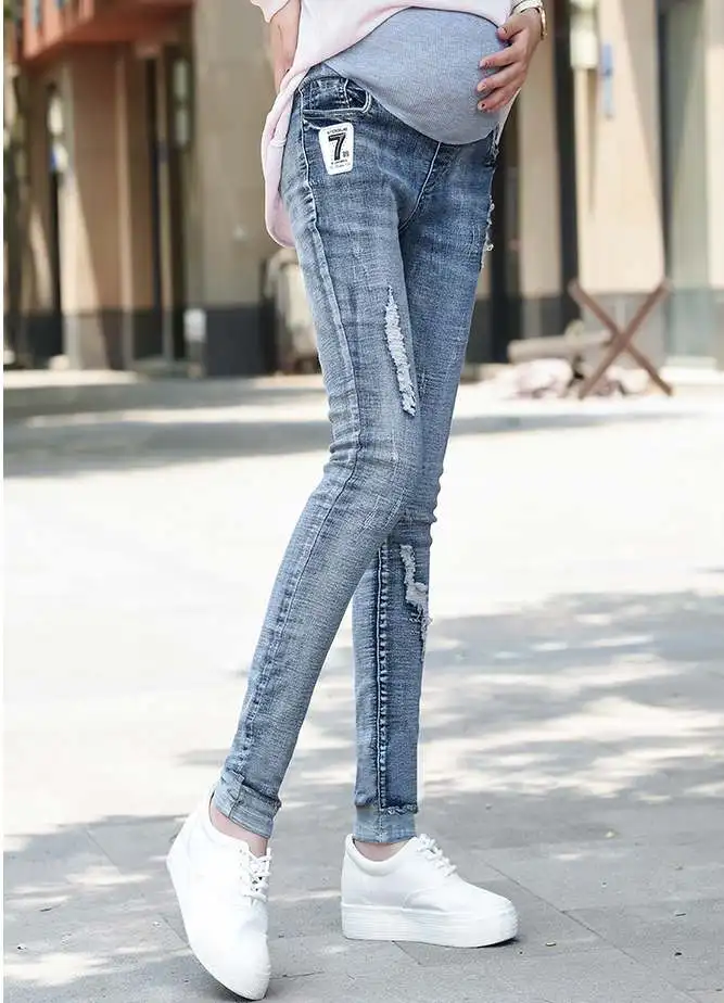 Pregnant women jeans spring and autumn thin section wear fashion hole slim self-cultivation trousers summer maternity pants