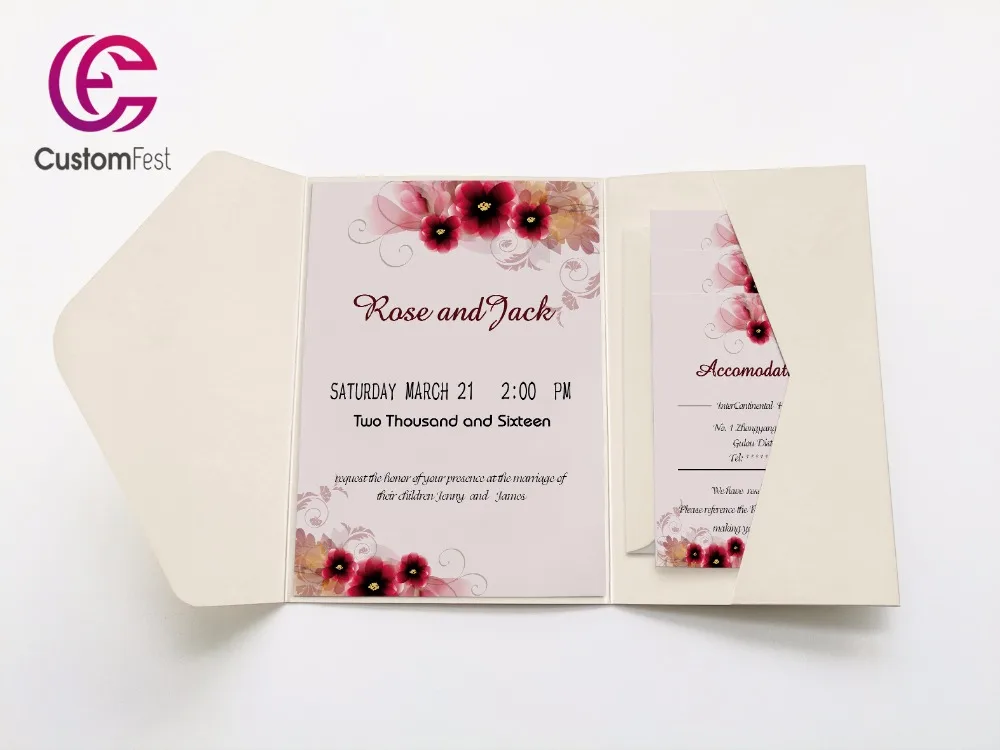 30pcs/lot personalized pocket card set  red flower pocket envelop+matching envelop+card+RSVP free shipping PKEE007V103