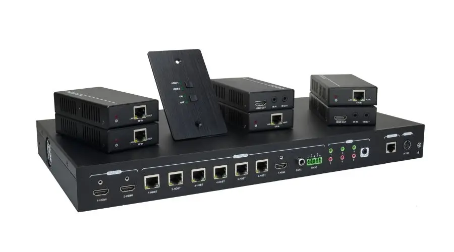 4k hdbaset divisor kit inclui um divisor com 2 entradas hdmi e 6 hdbaset mais 1 saídas hdmi, 6 receptores e 1 controle keypa