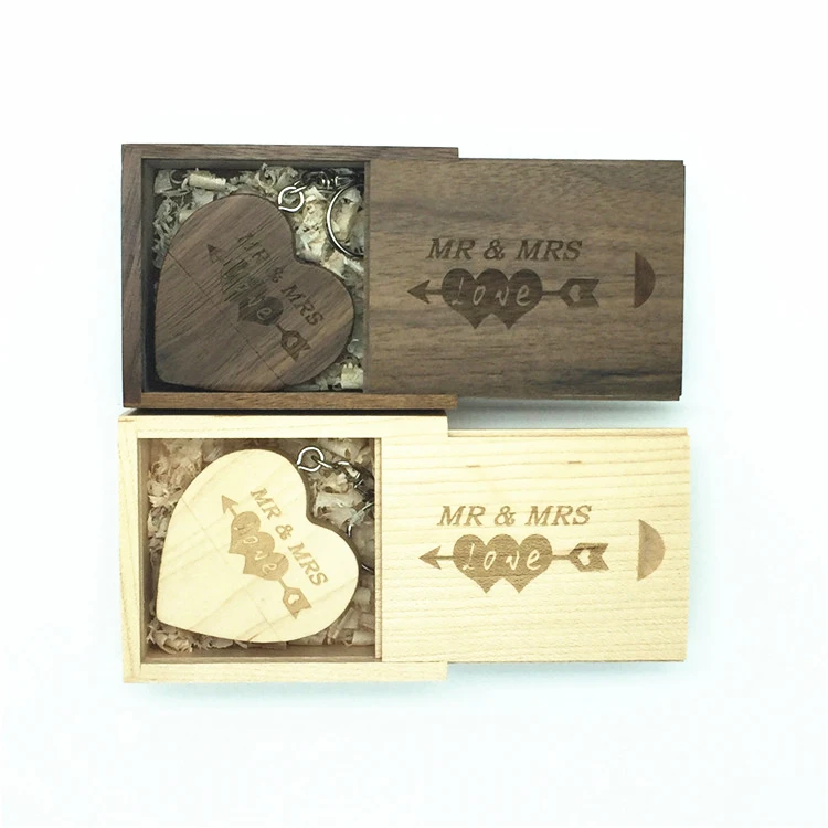 One Pcs Free LOGO customized wooden Heart USB + BOX USB Flash Drive Pendrive 64GB 32GB 16GB 8GB U Disk photography wedding gifts