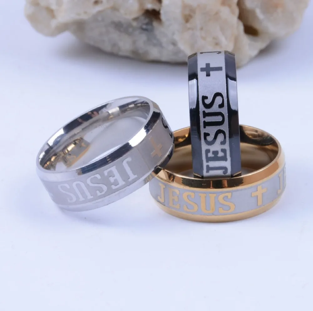 Stainless Steel 8mm Religious Jesus Cross Ring Russian God Save Us Band Rings For Men Women Christian Jewelry Anillos