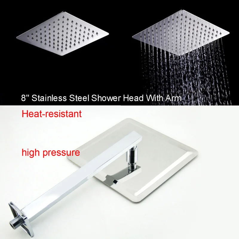 Becola Shower Head With Shower Arm Square  8Inch Stainless Steel Ultra-thin Shower Heads Bathroom Square Shower