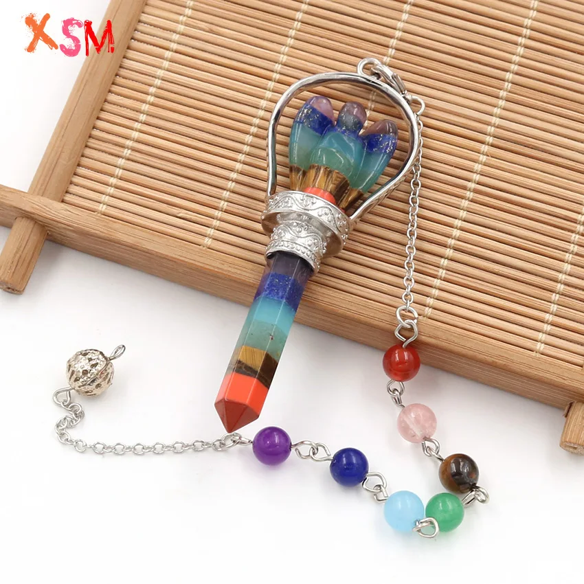 xinshangmie Chakra Hexagon Prism Angel Scepter Pendant Reiki Charm Healing Layered Pendulum Pendant With Chakra Beads Chain 1pcs