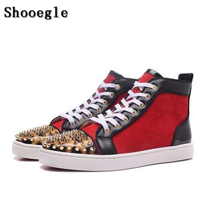 

SHOOEGLE High Quality Red Black Patchwork Rivets Men Shoes Studs Lace-up Sneakers Men Hightop Flat Casual Shoes Man Wholesale