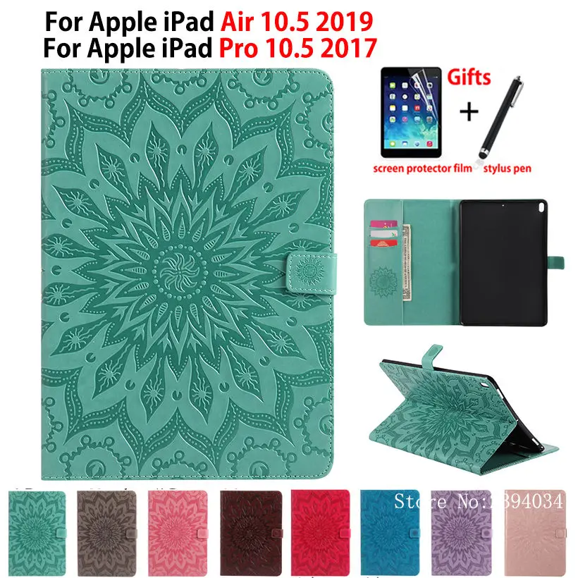 Case For iPad Air 10.5 2019 Cover For iPad pro 10.5'' 2017 A1701 A1709 Funda Tablet Sun Embossed PU Leather Stand Shell +Gift