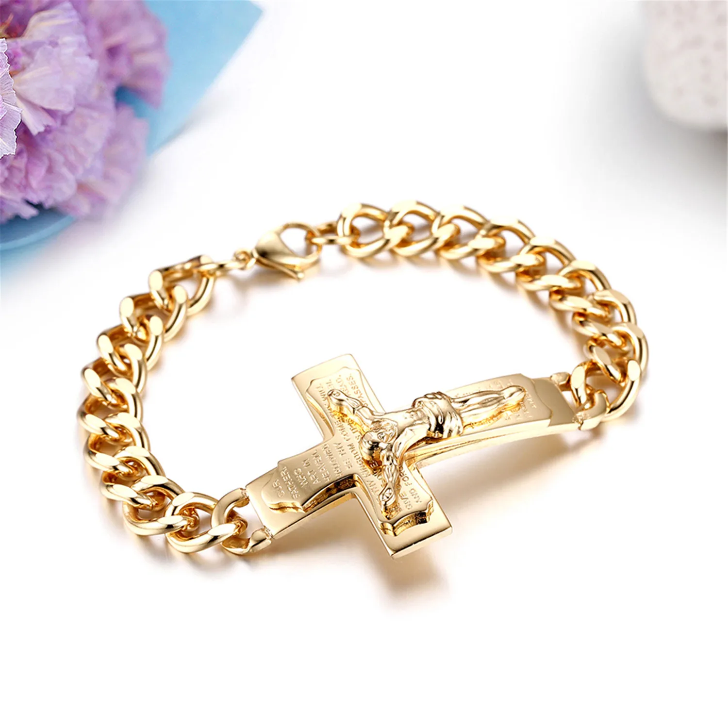 BONISKISS Men Stianless Steel Jesus Cross Crucifix Bible Verse Curb Chain Cuff Bangle Bracelet Jewelry Jonc Bijoux Dropshipping