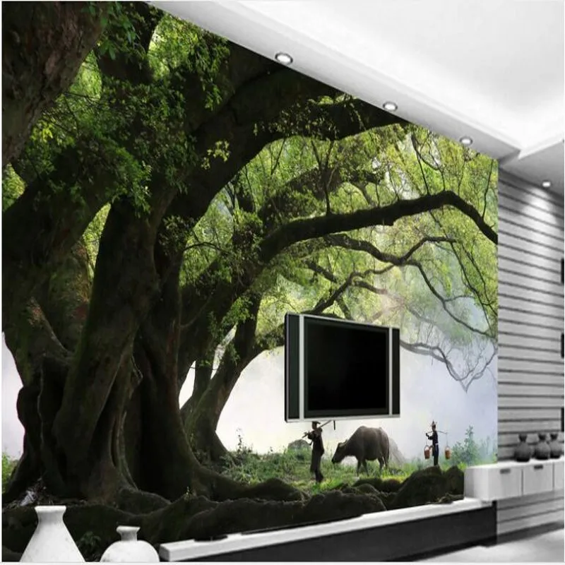 

wellyu Custom large - scale fresco trees spring rain fog spring TV backdrop decorative painting wallpaper papel de parede