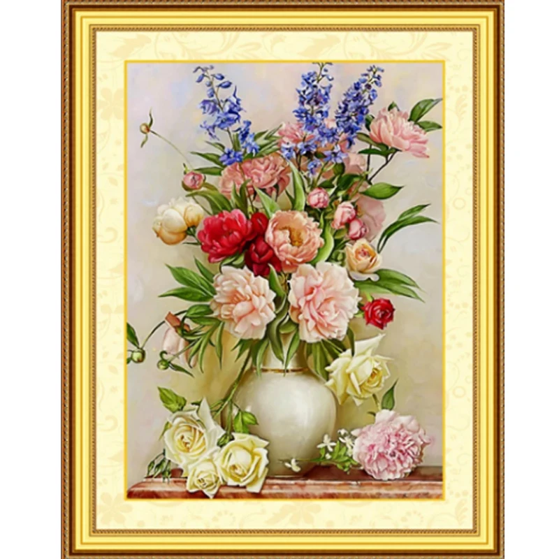 Needlework,DIY Cross stitch,Set For Full Embroidery kit,European noble vase peony rose flower Printed Pattern Wedding Wall Decor