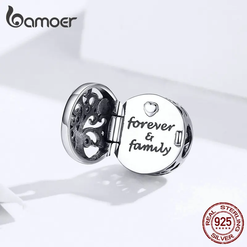 bamoer Family Tree Round Charm for Women Sterling Silver 925 Beads forBracelet Engrave Forever Love  Charms 2019 Design SCC1259