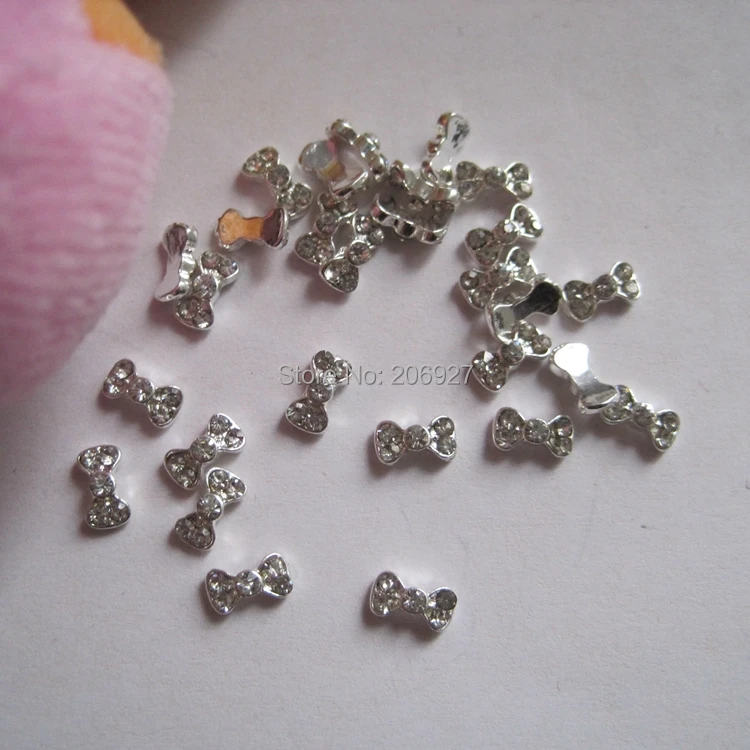 MD-62 10pcs Fancy Mini Crystal Rhinestone Silver Bow Metal Charms Metal Deco Charms Nail Art