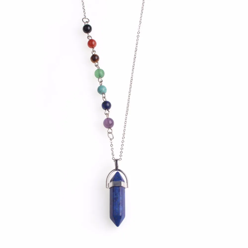 New Design Silver Color 7 Chakra Crystal Beads Charms Natural Hexagonal Prism Stone Pendant Necklace For Women Girls Lol