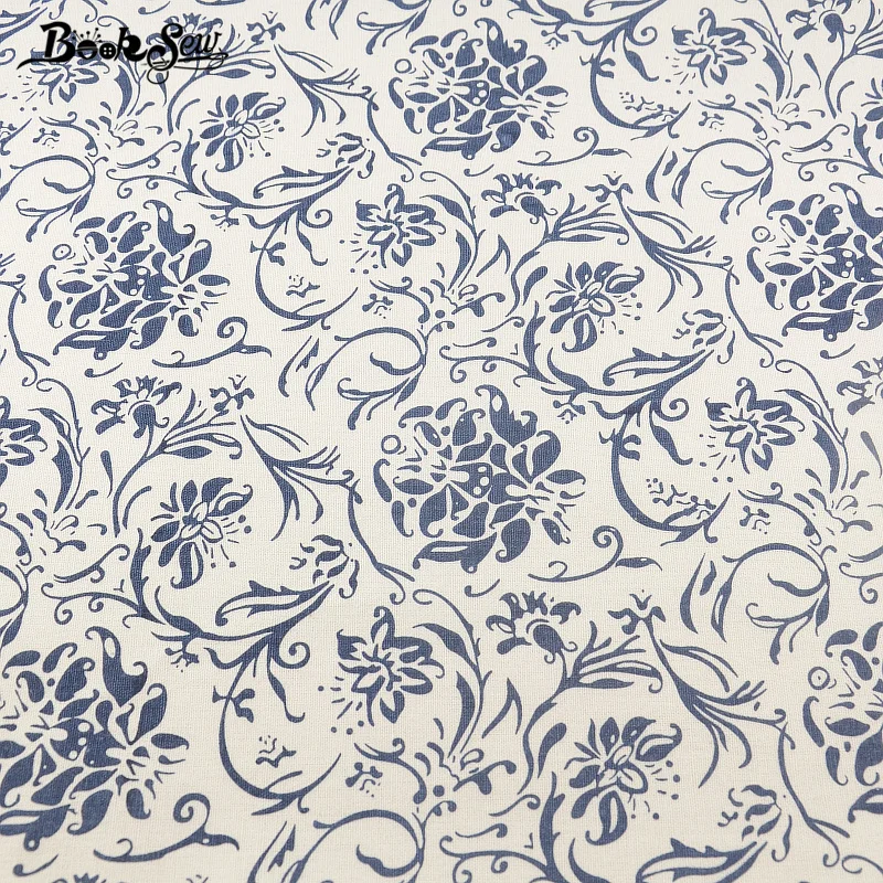 Booksew Blue Flower Design Cotton Linen Fabric Sewing Material For Tablecloth Pillow Bag Curtain Cushion Zakka  Home Textile