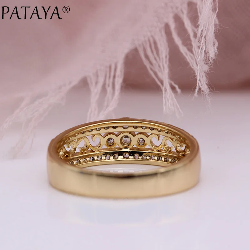 PATAYA New Women Rings 585 Rose Gold Color Micro Wax Inlay White Round Natural Zircon Fine Fashion Jewelry Luxury Hollow Rings