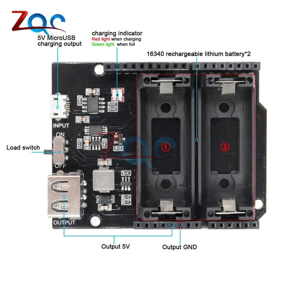 Dual 16340 Rechargeable Lithium Battery Shield Power Bank 5V GND Micro USB Charger Output Board For One Module