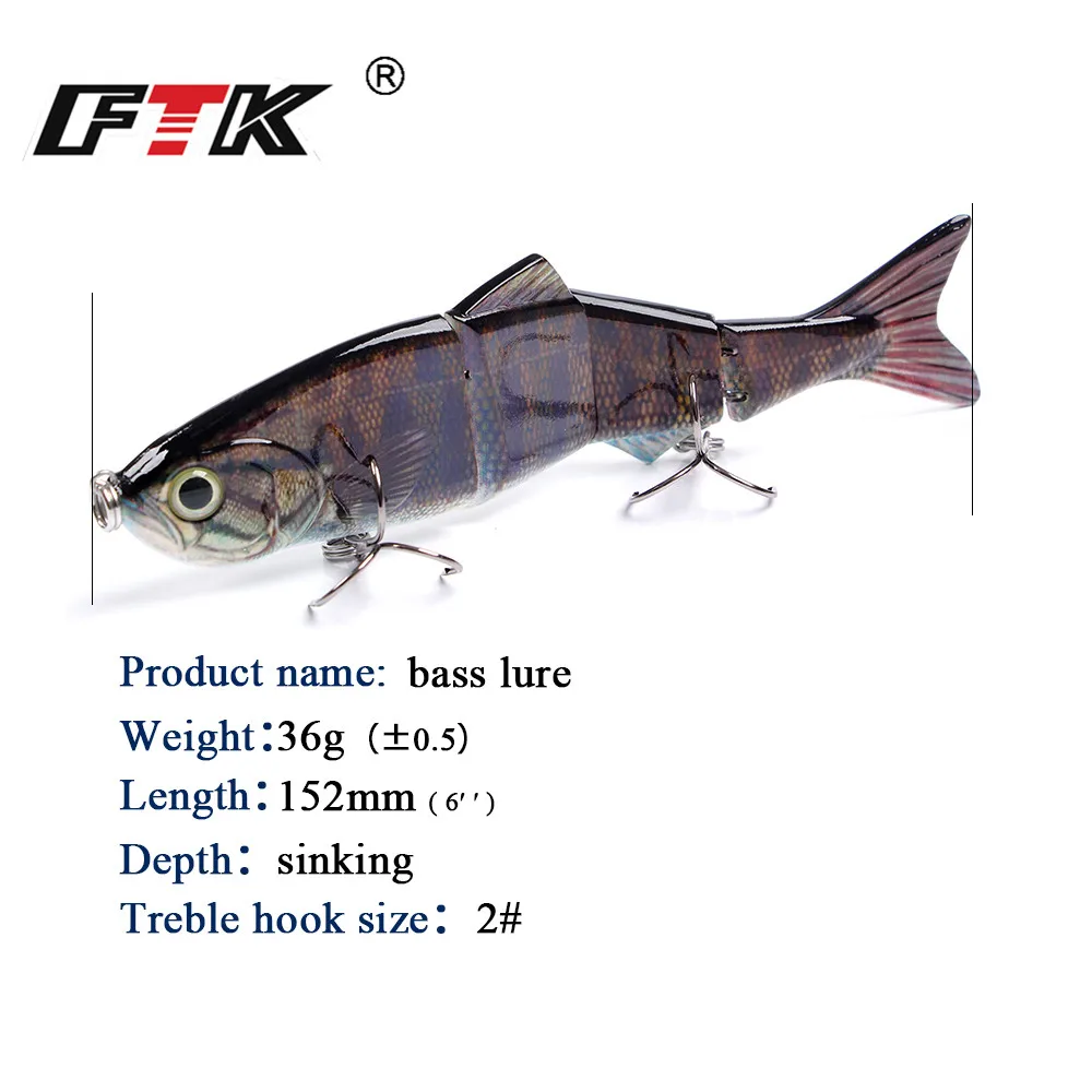 FTK Bass Fishing Lure 4 Segments Wobblers Tackle 1pc Swim Bait 152mm/36g Assorted Floating Hard Sinking Topwater Crankbait HF