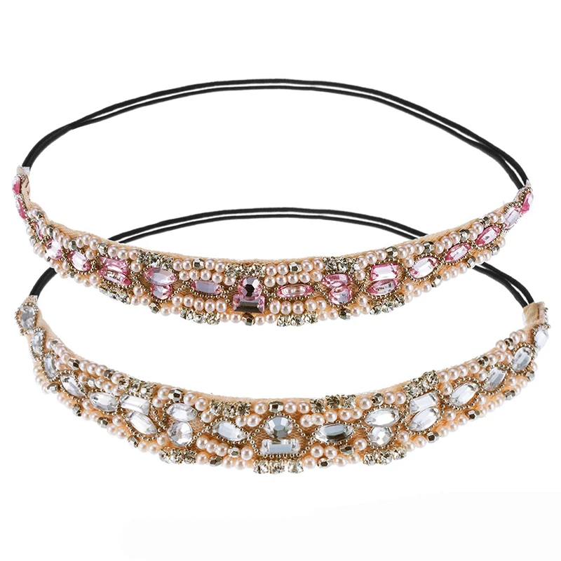 

Wedding Hair Accessories Fashion Crystal Rhinestone Beads Handmade Elastic Pearl Headband Manual Club Beaded Headdress Headwrap