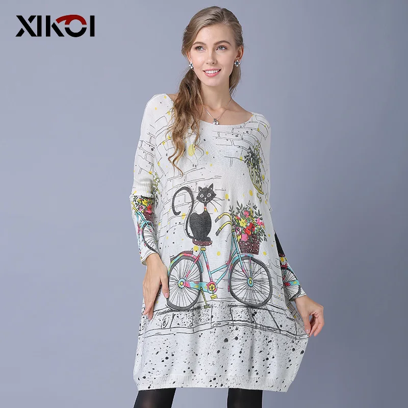 XIKOI Woman Oversize Sweater Winter Long  Cat Bicycle Print Casual Coat Batwing Sleeve Bicycle Cat Print Pullovers Clothing