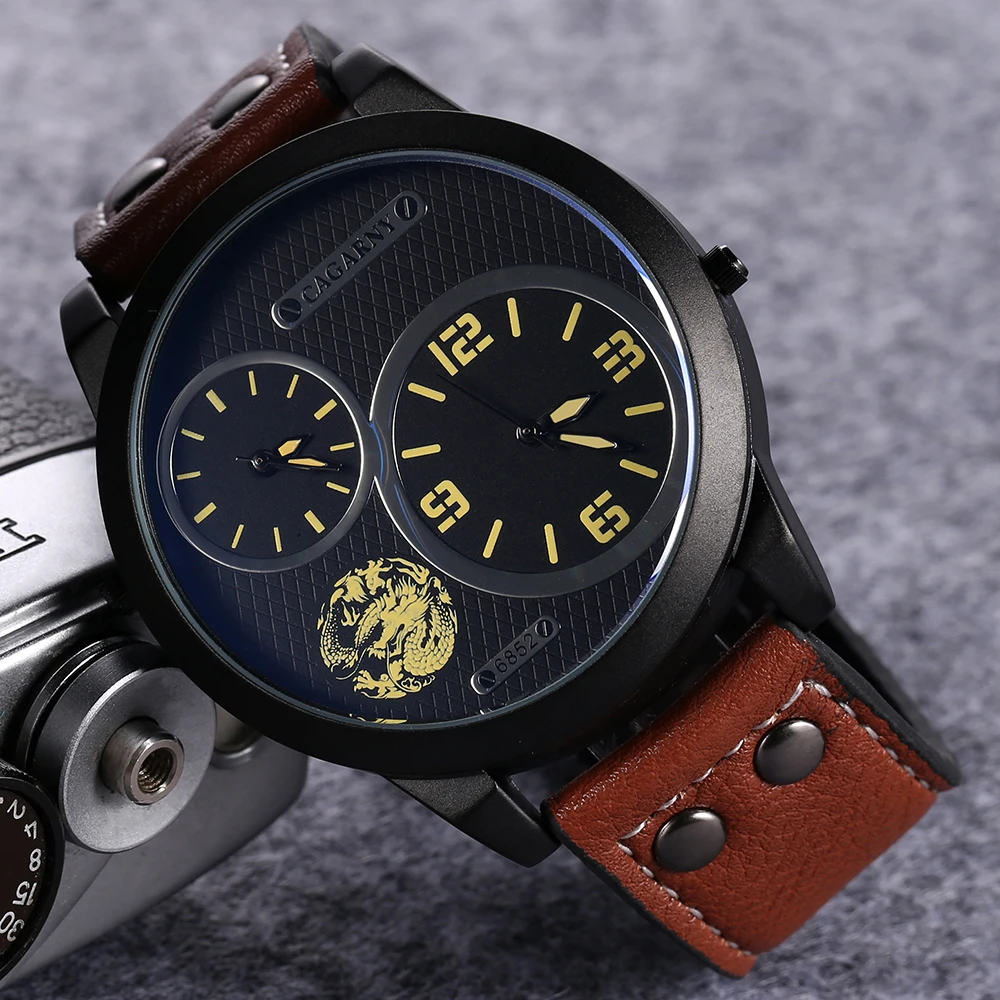 

Cagarny Luxury Brand Men Analog Leather Sports Watches Men's Cool Military Watch Man Quartz Clock Two Times Relogio Masculino