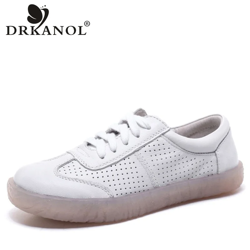 DRKANOL Handmade Shoes Women Flats Genuine Leather Flat Shoes Summer Breathable Hole Lace Up Pregnant Women Casual Shoes Size 41