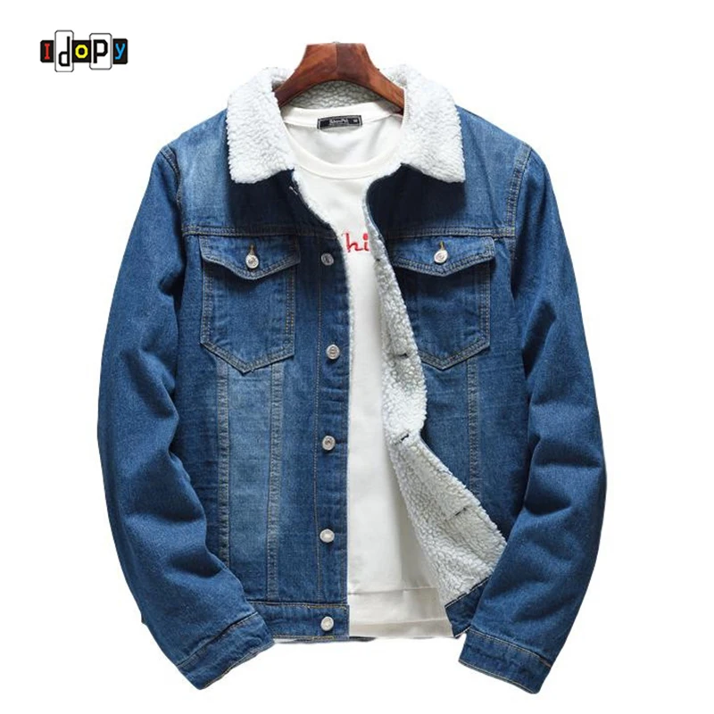 Idopy Winter Men`s Trucker Denim Jacket Fur Lined Vintage Thermal Warm Coat For Cold Weather Male Outerwear Plus Size