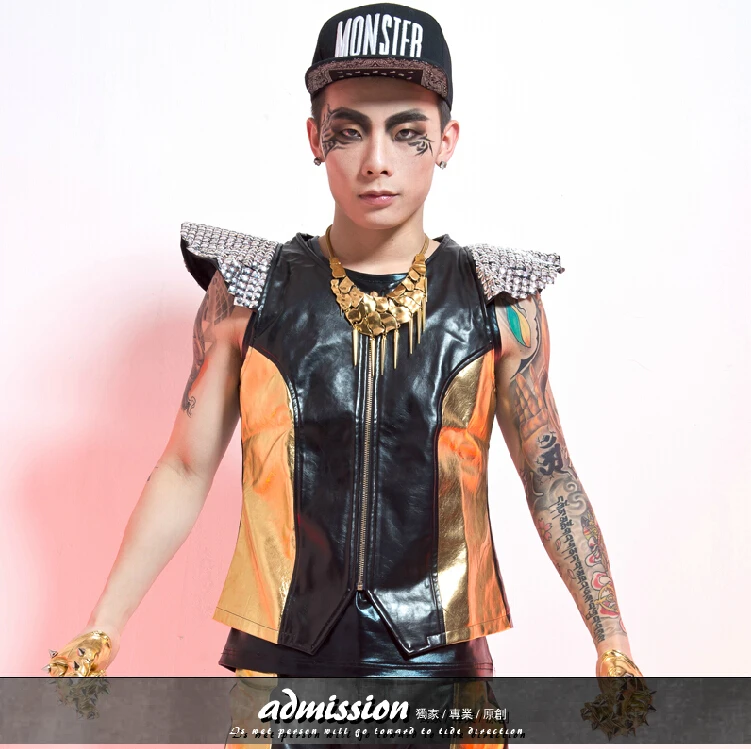 

Male Dj Costume Star Style Fashion Color Block Decoration Star Style Small Vest Men Plus Size Clothing Coat / Xs-xl