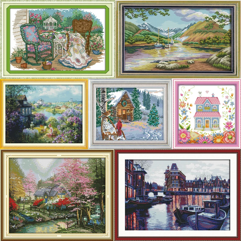 

Joy Sunday Winter Cabin Cross Stitch Landscape Pictures DMC Embroidery Painting Cross Stitch Harbour DIY Handmade Needlework Set