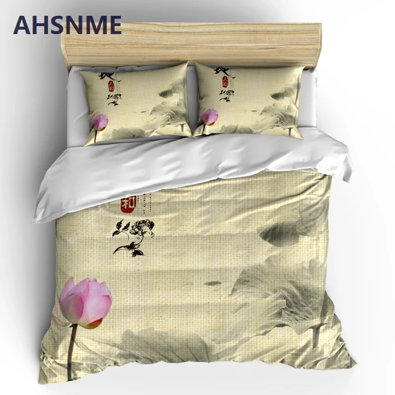 AHSNME Elegant Lotus Bedding Sets Chinese Painting Duvet Cover Pillowcase 2/3pcs Bed Set Flower Bedlinen Queen King Size